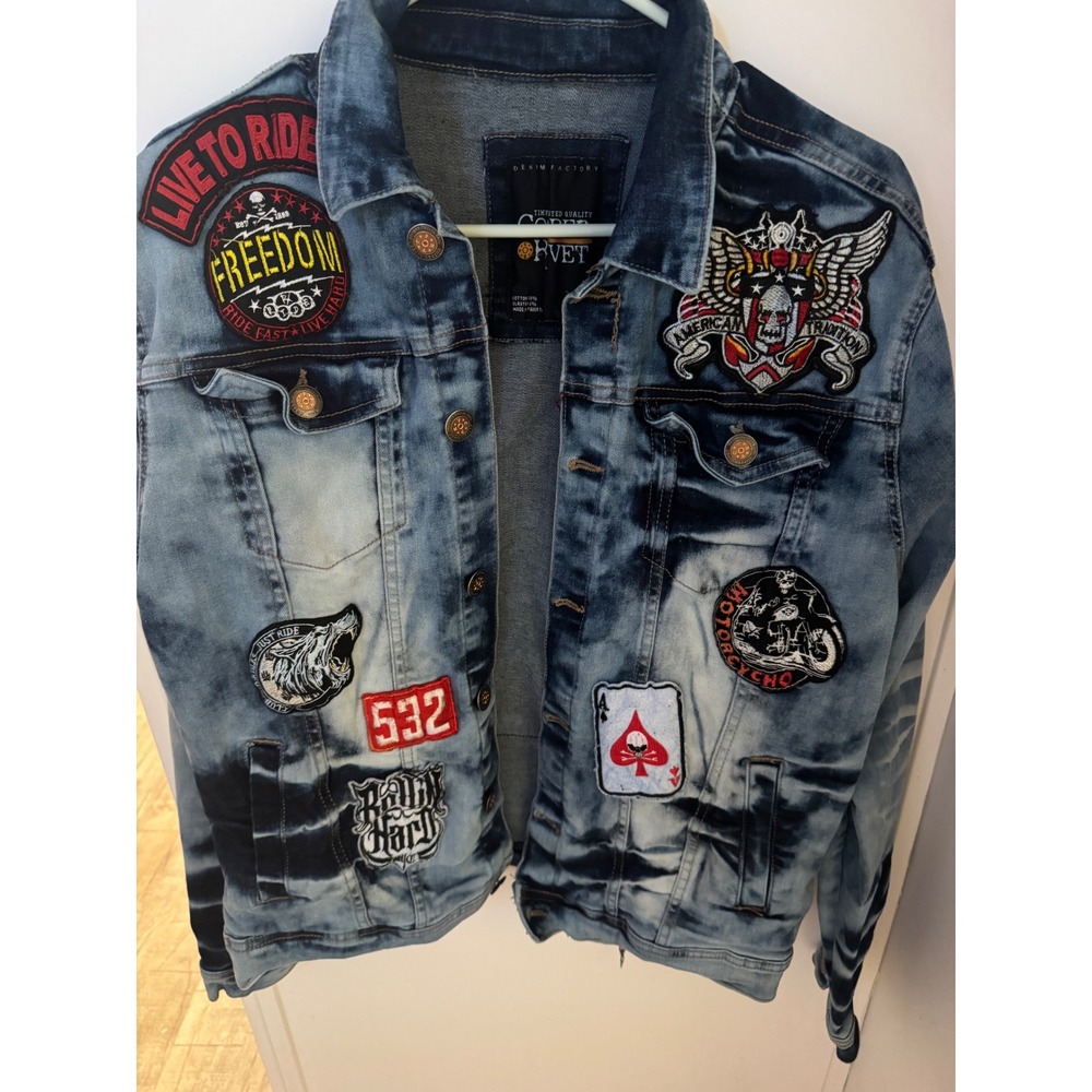Coper Rivet Acid Wash Biker Patch Denim Jacket Blue Womens Medium